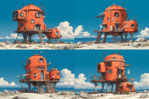 yiciyuanfeitufeng,this is a detailed, digital drawing in a steampunk style, the central subject is an orange, rusted, dome-topped, modular structure resembling a futuristic, elevated house, supported by multiple metal stilts, the structure has multiple windows, some with curtains, and is adorned with various pipes, ladders, and small balconies, a smaller, similar module is attached to the main structure on the right, the background features a clear blue sky with a few clouds and a distant, calm sea, the ground is rocky and sandy, with scattered rocks, the image has a signature in the bottom left corner reading david j, holland