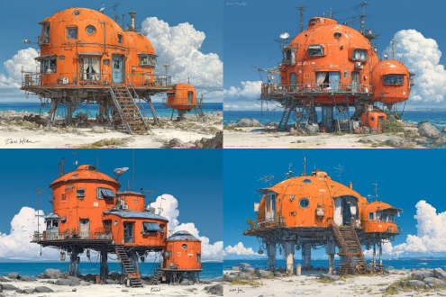 yiciyuanfeitufeng,this is a detailed, digital drawing in a steampunk style, the central subject is an orange, rusted, dome-topped, modular structure resembling a futuristic, elevated house, supported by multiple metal stilts, the structure has multiple windows, some with curtains, and is adorned with various pipes, ladders, and small balconies, a smaller, similar module is attached to the main structure on the right, the background features a clear blue sky with a few clouds and a distant, calm sea, the ground is rocky and sandy, with scattered rocks, the image has a signature in the bottom left corner reading david j, holland