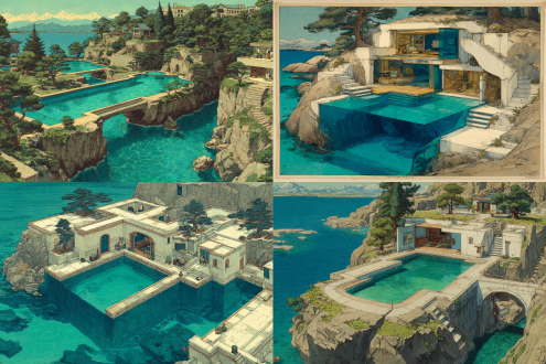 a bird's-eye view of an apartment complex is situated on a rocky cliff. the complex is divided into six separate sections, each with a pool of water in the middle. the pool is a vibrant blue-green color, and there are a few stairs leading up to the top of the pool. the rooms in the complex are filled with furniture, including a bed, a couch, a desk, a chair, and a table. there is a staircase on the right side of the image, and on the left side, there is a bed and a chair. there are trees and mountains in the background, and the sky is a light blue., 浮世绘,