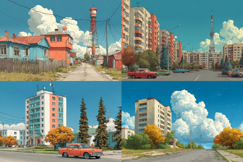 soviet style,house,street,building,old,atomic punk,city,hand drawn illustration style,sunny day,a small number of trees,blue sky retro futurism,science fiction,roads,8k.