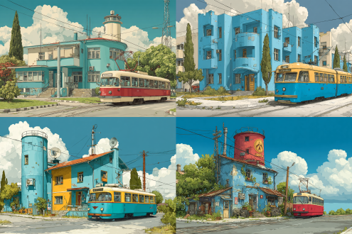 soviet style,house,street,building,old,atomic punk,city,hand drawn illustration style,sunny day,a small number of trees,blue sky retro futurism,science fiction,roads,tramcar