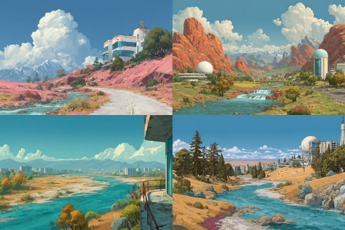 soviet style,desert,old,atomic punk,city,hand draw illustration style,sunny day,a small number of trees,blue sky retro futurism,science fiction,roads,glass window,glass curtain wall,river,waterfall,mountain,8k