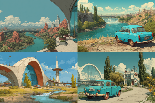 soviet style,desert,old,atomic punk,city,hand draw illustration style,sunny day,a small number of trees,blue sky retro futurism,science fiction,roads,glass window,glass curtain wall,river,waterfall,road,bridge,car,