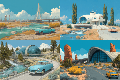 soviet style,desert,old,atomic punk,city,hand draw illustration style,sunny day,a small number of trees,blue sky retro futurism,science fiction,roads,glass window,glass curtain wall,river,waterfall,road,bridge,car,