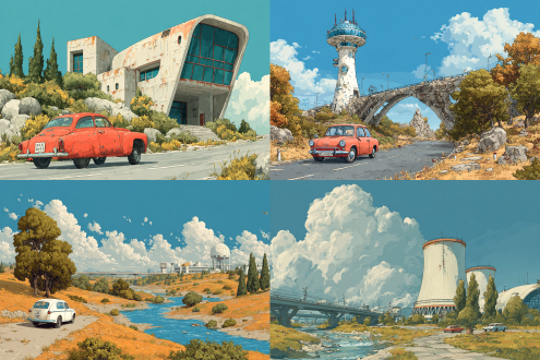 soviet style,desert,old,atomic punk,city,hand draw illustration style,sunny day,a small number of trees,blue sky retro futurism,science fiction,roads,glass window,glass curtain wall,river,waterfall,road,bridge,car,