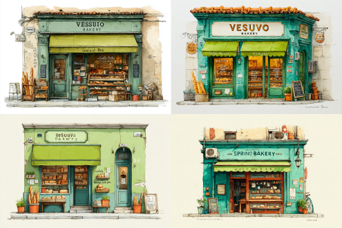 this hand-drawn style illustration of a bakery exudes a strong european vintage mood,with a warm green as the main tone,outlining a shop called "vesuvio bakery." the storefront is neat and delicate,with a green awning prominently displaying the store name and address number "160." on both sides of the windows are piled tempting baguettes,donuts,and various baked goods. the repeated words "italian bread" and "biscuits" written on the glass seem to warmly beckon passersby. the overall composition is simple and generous,and the slightly naive brushstrokes give the scene a warm and intimate atmosphere. the seemingly casual repeated texts and mysterious markings such as "a.d" add a touch of fun,making one wonder about the interesting stories that might be hidden behind this small shop.8k