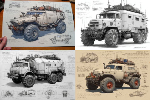 design sketch,a 3d design sketch of a post-apocalyptic modified truck, centered in the composition, rendered in a pencil hand-drawn sketch style. the vehicle features heavy armor plating, spiked bumpers, and oversized, rugged tires designed for traversing harsh wasteland terrain. the roof is equipped with scavenged accessories such as makeshift weapon mounts, storage crates, and rusted fuel canisters. the rear of the vehicle includes reinforced panels and exhaust pipes, with scattered barbed wire and chains for additional protection. surrounding the main subject are unfinished sketches of specific parts, including close-ups of the suspension system, wheel treads, and weapon mounts. the design includes detailed annotations and descriptive text explaining each component's purpose and construction.8k