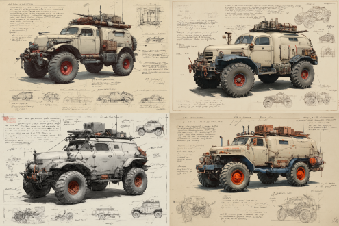 design sketch,a 3d design sketch of a post-apocalyptic modified truck, centered in the composition, rendered in a pencil hand-drawn sketch style. the vehicle features heavy armor plating, spiked bumpers, and oversized, rugged tires designed for traversing harsh wasteland terrain. the roof is equipped with scavenged accessories such as makeshift weapon mounts, storage crates, and rusted fuel canisters. the rear of the vehicle includes reinforced panels and exhaust pipes, with scattered barbed wire and chains for additional protection. surrounding the main subject are unfinished sketches of specific parts, including close-ups of the suspension system, wheel treads, and weapon mounts. the design includes detailed annotations and descriptive text explaining each component's purpose and construction.8k