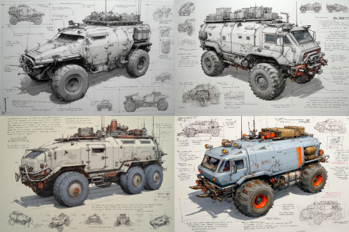 design sketch,a 3d design sketch of a post-apocalyptic modified truck, centered in the composition, rendered in a pencil hand-drawn sketch style. the vehicle features heavy armor plating, spiked bumpers, and oversized, rugged tires designed for traversing harsh wasteland terrain. the roof is equipped with scavenged accessories such as makeshift weapon mounts, storage crates, and rusted fuel canisters. the rear of the vehicle includes reinforced panels and exhaust pipes, with scattered barbed wire and chains for additional protection. surrounding the main subject are unfinished sketches of specific parts, including close-ups of the suspension system, wheel treads, and weapon mounts. the design includes detailed annotations and descriptive text explaining each component's purpose and construction.8k