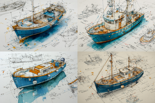 design sketch,a detailed design sketch of a small fishing boat in 3d, positioned at the center of the composition. surrounding it are partial draft sketches of specific parts, rendered in a pencil hand-drawn style. the main subject has precise measurements and annotations, on a pure white background to create contrast. key components, like the nets, engine, and navigational equipment, are accented with subtle color highlights to draw attention. the design captures the intricate details of the boat's structure, with focus on functionality and craftsmanship.8k
