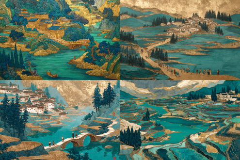 sijin,anime style,a rock-colored painting style,bridge,mountain village,terraced fields,figures,using gold foil colors,landscape paintings and peaks,lake water with a stone green color,large river,pine tree,grove,gold foil,azurite color,malachite color,mineral particles,chukel,chukel blue-green chukel blue-green gold chukel blue-green gold mainly chuke cinnabar,warm tones,the lake water with a stone green color,the sky with coarse particles of azurite color,unevenly applied for an aged effect,gray-blue tone
