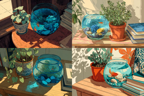 <lora:folk-style print:1> folk-style print, digital illustration: a glass fishbowl with blue water, a small fish, and rocks sits on a wooden table. beside it is a potted plant with green leaves. shadows cast on the table, and a stack of books is in the bottom right.
