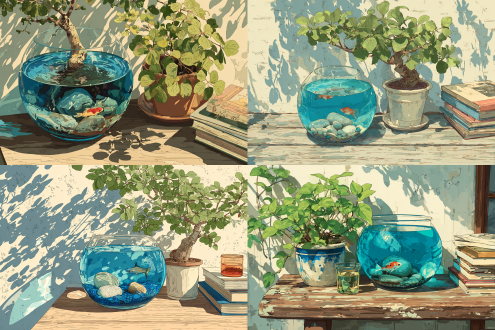 <lora:folk-style print:1> folk-style print, digital illustration: a glass fishbowl with blue water, a small fish, and rocks sits on a wooden table. beside it is a potted plant with green leaves. shadows cast on the table, and a stack of books is in the bottom right.