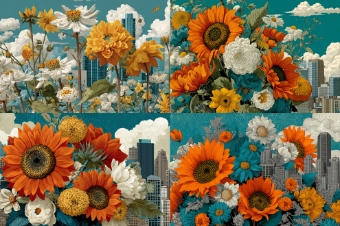 <lora:folk-style print:1> folk-style print, a vibrant orange sunflower bouquet with white and yellow flowers, set against a teal and beige urban skyline. the flowers are detailed with black linework, and the cityscape features tall buildings and cloud-like patterns.