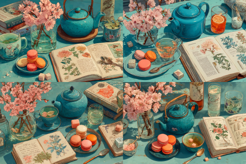 <lora:folk-style print:1> folk-style print, a tea setup: blue teapot, pink cherry blossoms in a glass vase, orange and pink macarons on a plate, open book with botanical illustrations, spoon, and sugar cube on a teal table. warm, detailed, and cozy.