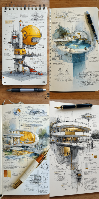 在一本笔记本上，有一幅【建筑设计草图。这是一座星际移民中转站。该建筑采用3d打印技术，用模拟月壤（玄武岩颗粒）构建建筑外壳。内部有一个旋转舱，通过离心力模拟太空微重力环境，用于宇航员训练。建筑主体是一个球形舱，其表面覆盖着一层金色钛合金薄膜，反射阳光以营造出“人造恒星”的视觉效果。内部有一条环形走廊。透过透明穹顶，游客可以观看“星空”投影，体验沉浸式太空旅行】【可替换】。还附有设计过程示意图。纸上有一支钢笔。在右上角，有该建筑三视图的缩小线稿。在右侧，有建筑手绘的黑白线稿和拆解结构，从不同角度展示设计细节和结构。周围有文字和辅助线来解释设计元素、工艺或材料。在左侧，有一幅色块插画。整体设计融合了传统与奢华风格。通过彩色效果图和线稿的结合，清晰呈现了建筑精致的结构和美学细节。高清、高质量且细节丰富。