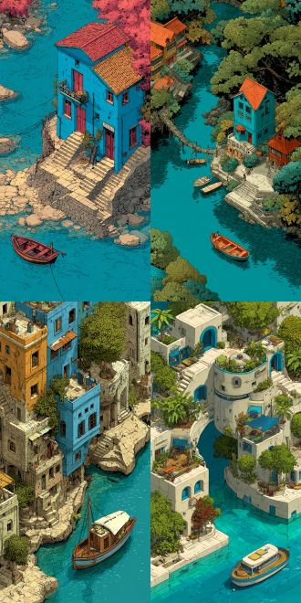 a drawing of a house,a river,a boat ,a digital rendering,by camilo mori,pixiv,high angle close up shot,terraces,moebius comic style,incredible isometric screenshot,owen,