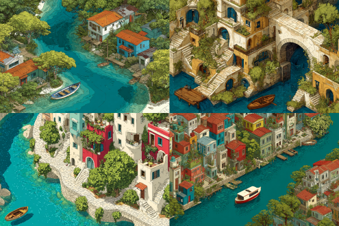 a drawing of a house,a river,a boat ,a digital rendering,by camilo mori,pixiv,high angle close up shot,terraces,moebius comic style,incredible isometric screenshot,owen,