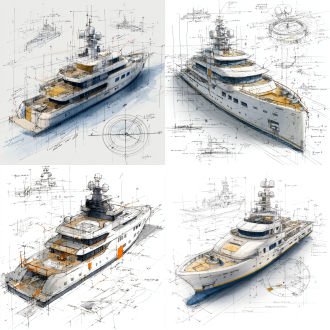 设计草图，一艘探险游艇的3d详细设计草图，位于构图的中心。它周围是特定部分的部分草图，以铅笔手绘风格呈现。主要主题在纯白色背景上有精确的测量和注释以产生对比。甲板设施和导航设备等关键部件都采用微妙的颜色高光来吸引注意力。该设计捕捉了船结构的复杂细节，注重功能和工艺