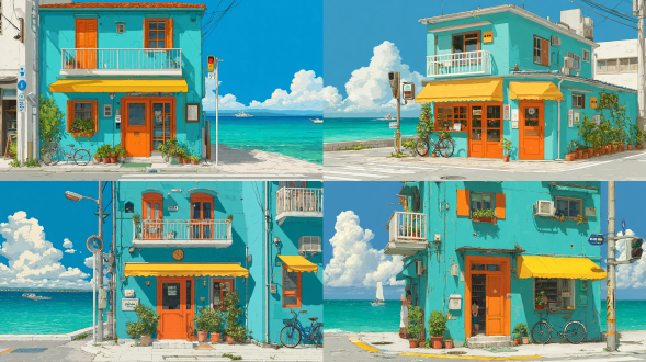 <lora:animation scene:1> animation-scene, a quaint coastal town scene. the focal point is a turquoise two-story building with a bright orange door and matching windows. a yellow awning covers a small café or shop entrance. potted plants adorn the windowsills and a bicycle is parked by the door. the building's facade features a white balcony railing. to the left, a street sign and a traffic light are visible. the background showcases a clear, turquoise ocean with a small boat in the distance. the sky is a bright blue with fluffy white clouds. the scene is rendered in a clean, anime-inspired style, characterized by bold colors and crisp lines, evoking a serene, picturesque coastal atmosphere.尺寸16:9