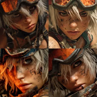 (anime portrait), close-up of a tough female survivor with ash-covered face, short messy platinum hair, leather straps and dog tags, small scars on lips and cheek, glowing orange from a nearby fire, cracked goggles resting on her forehead, post-apocalyptic wasteland blurred in the background, intense gaze filled with resilience, gritty anime detail