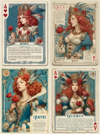 "prompt": "a queen of hearts playing card, the queen has long curly red hair, wearing a crown decorated with feathers and red roses, holding a red rose in her left hand, wearing a blue and white dress with gold decorations, the background is blue, the edges of the card have some decorative patterns, the bottom of the card has the word 'queen'."