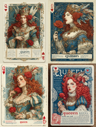 "prompt": "a queen of hearts playing card, the queen has long curly red hair, wearing a crown decorated with feathers and red roses, holding a red rose in her left hand, wearing a blue and white dress with gold decorations, the background is blue, the edges of the card have some decorative patterns, the bottom of the card has the word 'queen'."
