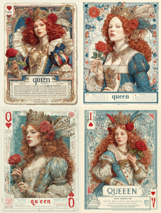 "prompt": "a queen of hearts playing card, the queen has long curly red hair, wearing a crown decorated with feathers and red roses, holding a red rose in her left hand, wearing a blue and white dress with gold decorations, the background is blue, the edges of the card have some decorative patterns, the bottom of the card has the word 'queen'."
