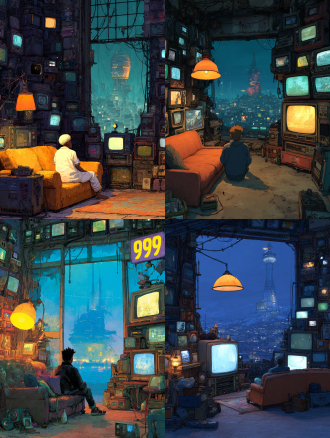 "prompt": "a person sitting on a couch in a room filled with numerous vintage electronic devices and screens. the room has a warm, ambient lighting with a prominent lamp on the left. outside the windows, a cityscape with a large, illuminated structure is visible. the overall atmosphere is retro-futuristic."