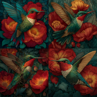 "a colorful hummingbird with green feathers, red throat, and outstretched wings, surrounded by large, vibrant red and yellow flowers, in a detailed and artistic style, reminiscent of stained glass or digital art"