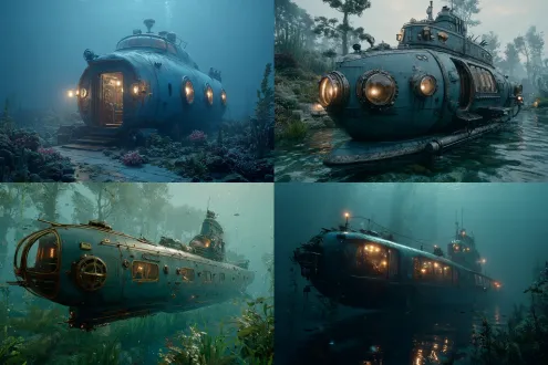 a vintage submarine envisioned in an underwater symphony of silence, where the tranquility of the ocean depths is portrayed. use muted steel and muted moss to evoke a peaceful, otherworldly ambiance，8k，