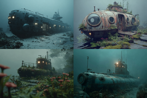 a vintage submarine envisioned in an underwater symphony of silence, where the tranquility of the ocean depths is portrayed. use muted steel and muted moss to evoke a peaceful, otherworldly ambiance，8k，