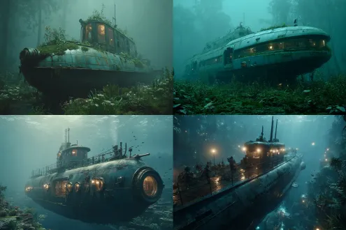 a vintage submarine envisioned in an underwater symphony of silence, where the tranquility of the ocean depths is portrayed. use muted steel and muted moss to evoke a peaceful, otherworldly ambiance，8k，