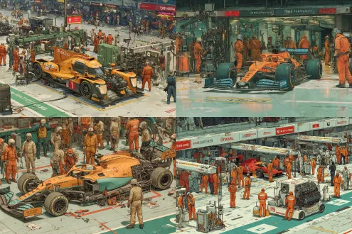 "prompt": "formula 1 race car engine in a bustling pit lane, surrounded by mechanics in orange overalls, detailed machinery and equipment, vibrant green floor with white markings, high - resolution, realistic, industrial atmosphere"