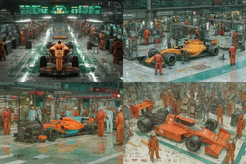 "prompt": "formula 1 race car engine in a bustling pit lane, surrounded by mechanics in orange overalls, detailed machinery and equipment, vibrant green floor with white markings, high - resolution, realistic, industrial atmosphere"