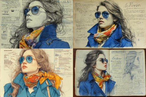 "prompt": "a woman with long hair, wearing sunglasses, a blue coat, and a colorful scarf around her neck. the drawing style is sketch-like with detailed lines and shading."