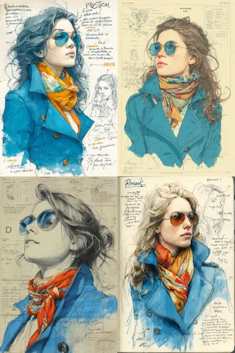 "prompt": "a woman with long hair, wearing sunglasses, a blue coat, and a colorful scarf around her neck. the drawing style is sketch-like with detailed lines and shading."