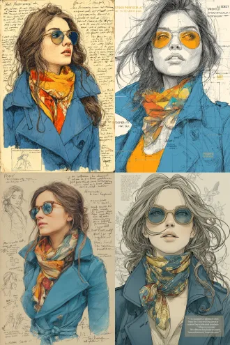 "prompt": "a woman with long hair, wearing sunglasses, a blue coat, and a colorful scarf around her neck. the drawing style is sketch-like with detailed lines and shading."