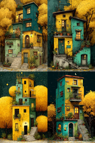 prompt this is a digital drawing in a vibrant, autumnal style depicting a cozy, multi-story house with yellow and green walls, surrounded by trees with golden leaves. the house features potted plants on balconies, warm lighting, and a small staircase leading to the entrance. the scene exudes a charming, whimsical atmosphere.