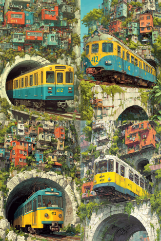 prompt wallpaper,illustration,depicting an eye-catching urban scene,with a bright yellow and blue train numbered "412" emerging from a large arched tunnel,the train occupies the lower part of the image,its front facing the audience above the tunnel,steep,rocky cliffs are covered with lush green plants and various structures,ranging from colorful small houses to larger industrial-looking buildings,randomly piled on the cliffs,some of them wobbly,the cliffs themselves are a mix of white and gray,with patches of green moss and vegetation,the buildings on the cliffs have varied colors,including red,orange and blue shadows,creating a vivid contrast with the natural green plants,small balconies,some potted plants,and many antennas and satellite dishes are visible on the buildings,emphasizing the color and dynamism of the urban landscape,the painting has a smooth texture,visible,delicate brushwork,the overall composition is dynamic and engaging.,