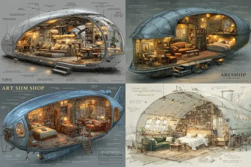 "prompt": "a futuristic airship interior, with a bedroom area that has a bed with pillows and a blanket, a living area with a sofa and a tv, a study area with a desk and a chair, a bookshelf filled with books, and various other furniture and decorations. the airship has a metallic exterior and is well - lit from within, creating a cozy and functional living space."