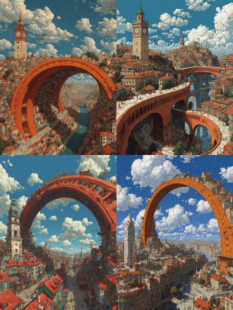 a surreal cityscape with a large, curved orange structure resembling a bridge or archway, filled with numerous buildings and a prominent clock tower on the left. the scene is set against a blue sky with white clouds, and the architecture has a european style with red-tiled roofs. the image has a whimsical and fantastical feel, with a sense of depth and complexity in the urban layout.