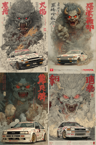 "prompt": "a fierce japanese oni with red eyes and sharp teeth, surrounded by smoke and flames, towering over a white toyota ae86 race car with racing stripes and sponsor logos, set against a traditional japanese background with chinese characters and calligraphy, in the style of ukiyo-e art"
