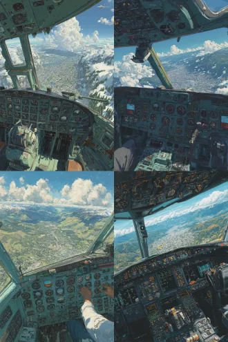 aircraft cockpit, numerous instruments and controls, pilot operating, outside the window is blue sky, white clouds, mountains and city scenery, overall green tone, detailed depiction