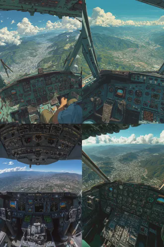 aircraft cockpit, numerous instruments and controls, pilot operating, outside the window is blue sky, white clouds, mountains and city scenery, overall green tone, detailed depiction