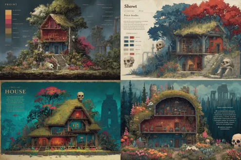 "prompt": "a house with a grassy roof, surrounded by trees and flowers. inside the house, there are multiple floors with various rooms, including a red room, an orange room, a blue room, and a room with a skull decoration. in the background, there are ancient ruins."
