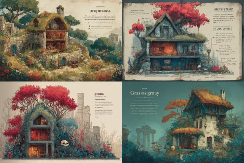 "prompt": "a house with a grassy roof, surrounded by trees and flowers. inside the house, there are multiple floors with various rooms, including a red room, an orange room, a blue room, and a room with a skull decoration. in the background, there are ancient ruins."