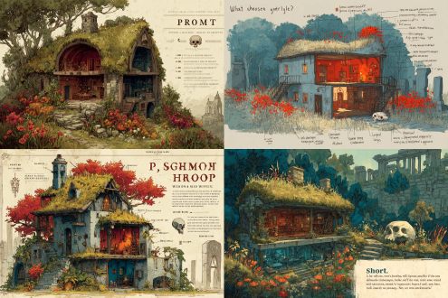 "prompt": "a house with a grassy roof, surrounded by trees and flowers. inside the house, there are multiple floors with various rooms, including a red room, an orange room, a blue room, and a room with a skull decoration. in the background, there are ancient ruins."