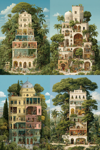 a fantastical multi - layered house with each floor showcasing a different room scene, surrounded by lush green trees. the top of the house has a classic architectural style with windows and balconies. each interior floor is detailed with various furniture, decorations, and people engaged in different activities. the overall color palette is bright with a mix of warm and cool tones. the background is a clear blue sky.