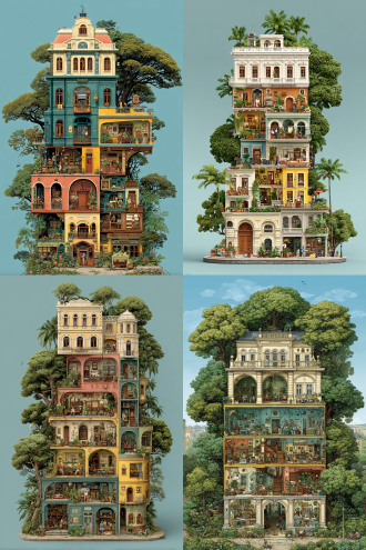 a fantastical multi - layered house with each floor showcasing a different room scene, surrounded by lush green trees. the top of the house has a classic architectural style with windows and balconies. each interior floor is detailed with various furniture, decorations, and people engaged in different activities. the overall color palette is bright with a mix of warm and cool tones. the background is a clear blue sky.